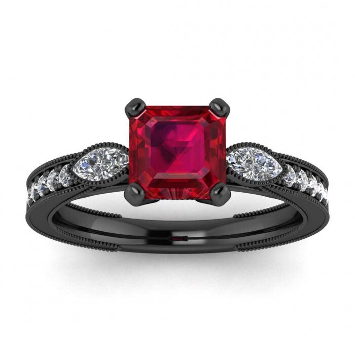 14k rose gold Allegria shiny milgrained asscher cut ruby and diamond ring (1/3 ct) marquise accent gemstones, pave along the sides