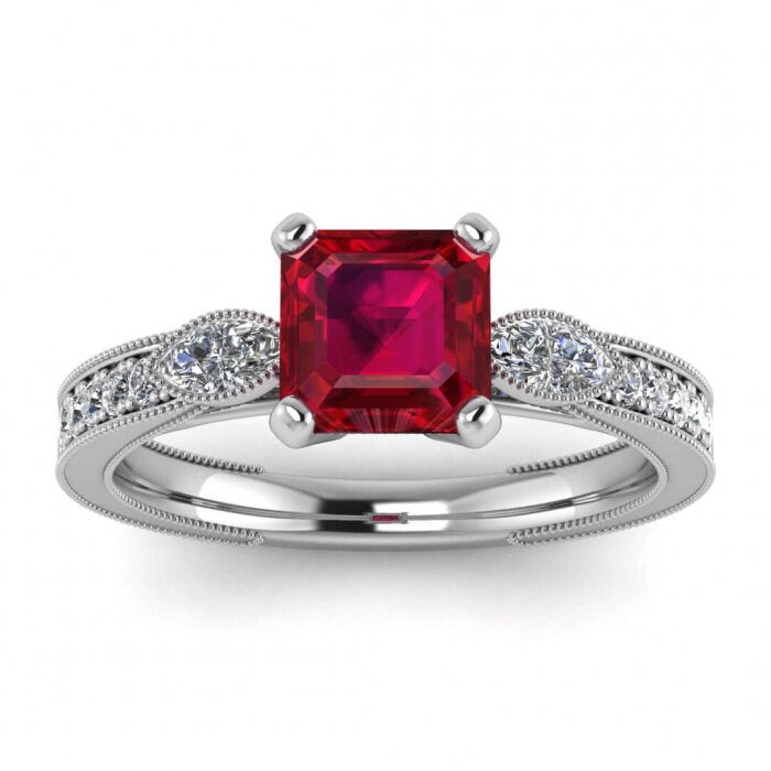 14k rose gold Allegria shiny milgrained asscher cut ruby and diamond ring (1/3 ct) marquise accent gemstones, pave along the sides