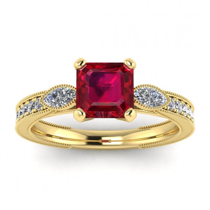 14k rose gold Allegria shiny milgrained asscher cut ruby and diamond ring (1/3 ct) marquise accent gemstones, pave along the sides