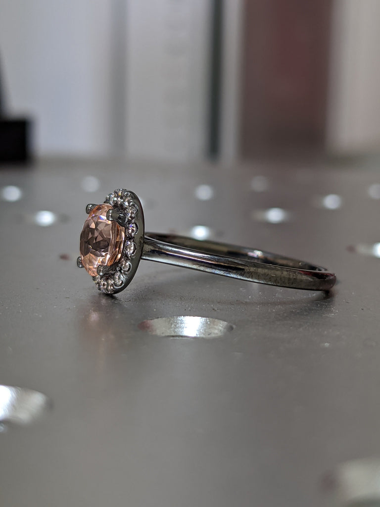 Black Gold Delicate Halo Morganite And Diamond Ring (1/5 CT. TW.) Scalloped pave halo, high profile prongs, bridged shank Anne