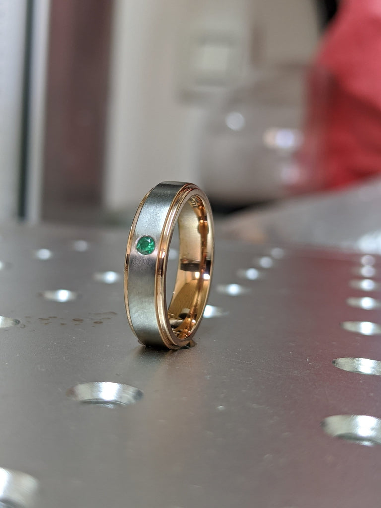 Emerald Wedding Band, Rose Gold Emerald Band, Rose Gold Wedding Band, Titanium Wedding Bands, Mens Wedding Bands