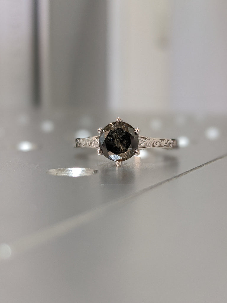 Dark Raw Salt and Pepper Diamond Rose /White /Yellow Gold Engagement Ring Art Deco 1920's Inspired Thin Petite Band 14k Unique Ring for Her