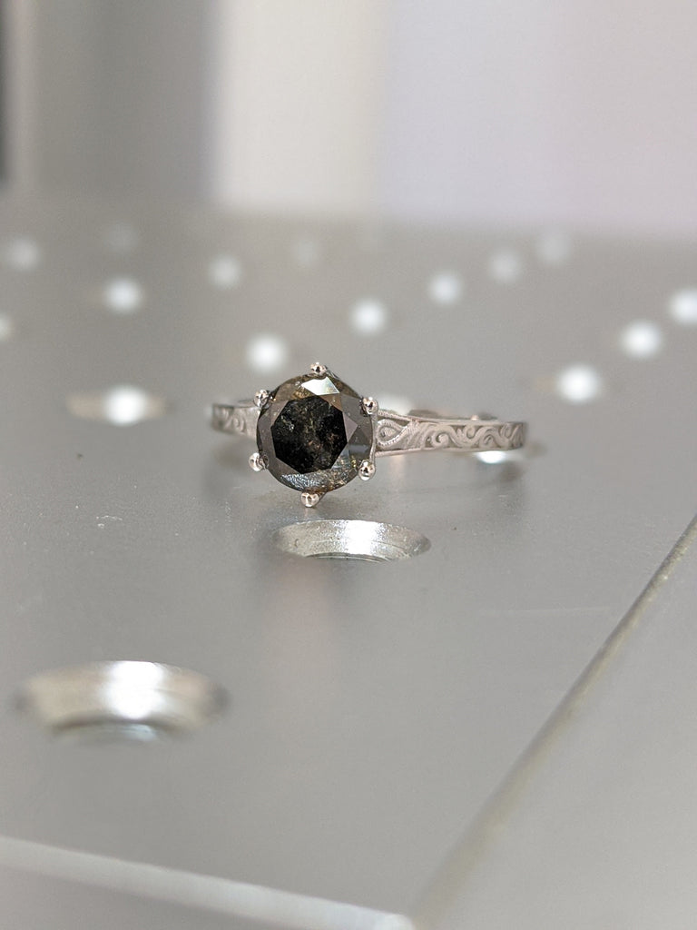 Dark Raw Salt and Pepper Diamond Rose /White /Yellow Gold Engagement Ring Art Deco 1920's Inspired Thin Petite Band 14k Unique Ring for Her