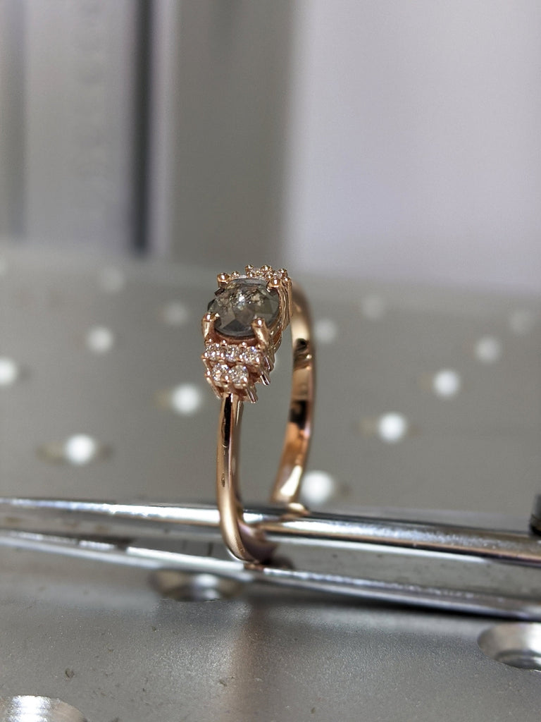 Salt and pepper diamond engagement 5 stone ring Raw Salt and Pepper Diamond Gold Engagement Ring Art Deco 1920's Thin Petite Band Ring