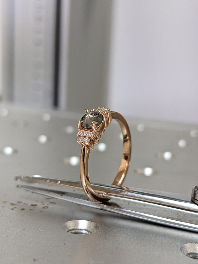 Salt and pepper diamond engagement 5 stone ring Raw Salt and Pepper Diamond Gold Engagement Ring Art Deco 1920's Thin Petite Band Ring