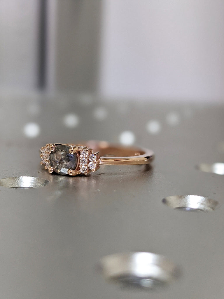 Salt and pepper diamond engagement 5 stone ring Raw Salt and Pepper Diamond Gold Engagement Ring Art Deco 1920's Thin Petite Band Ring
