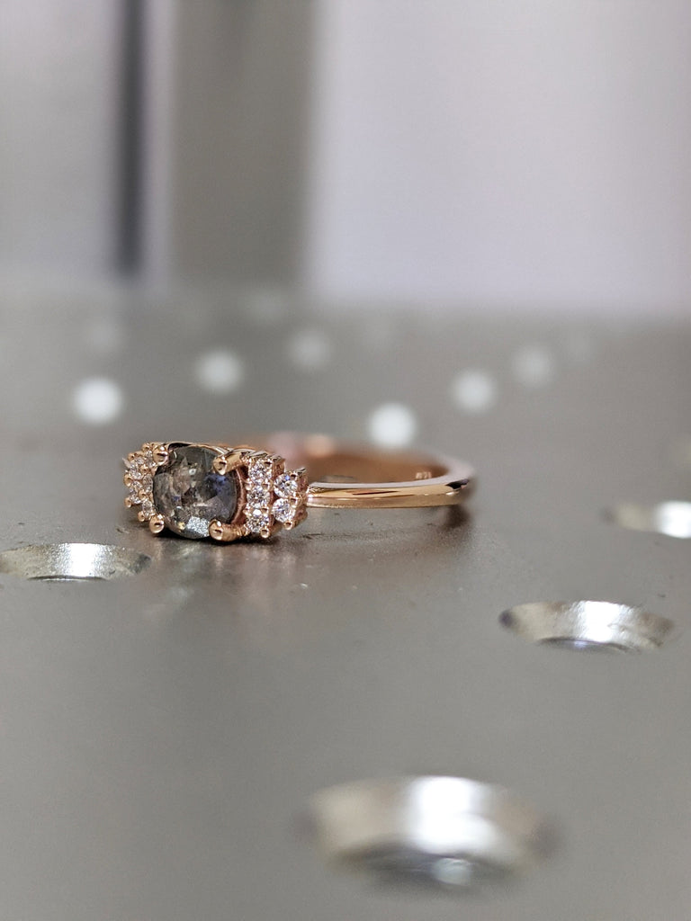 Salt and pepper diamond engagement 5 stone ring Raw Salt and Pepper Diamond Gold Engagement Ring Art Deco 1920's Thin Petite Band Ring
