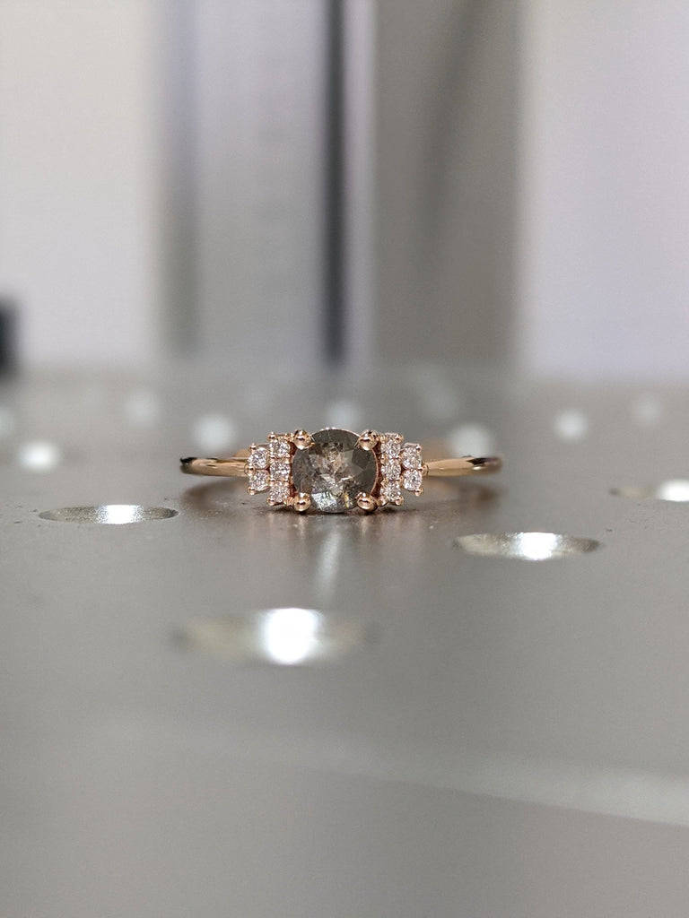 Salt and pepper diamond engagement 5 stone ring Raw Salt and Pepper Diamond Gold Engagement Ring Art Deco 1920's Thin Petite Band Ring