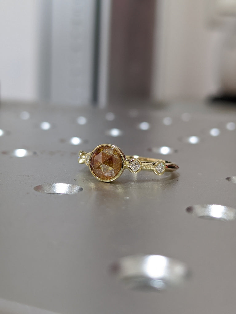 Rose Cut Diamond Ring Natural Color Diamond in Solid 14k Gold Unique Engagement Ring Salt and Pepper Rose Cut Diamond Engagement