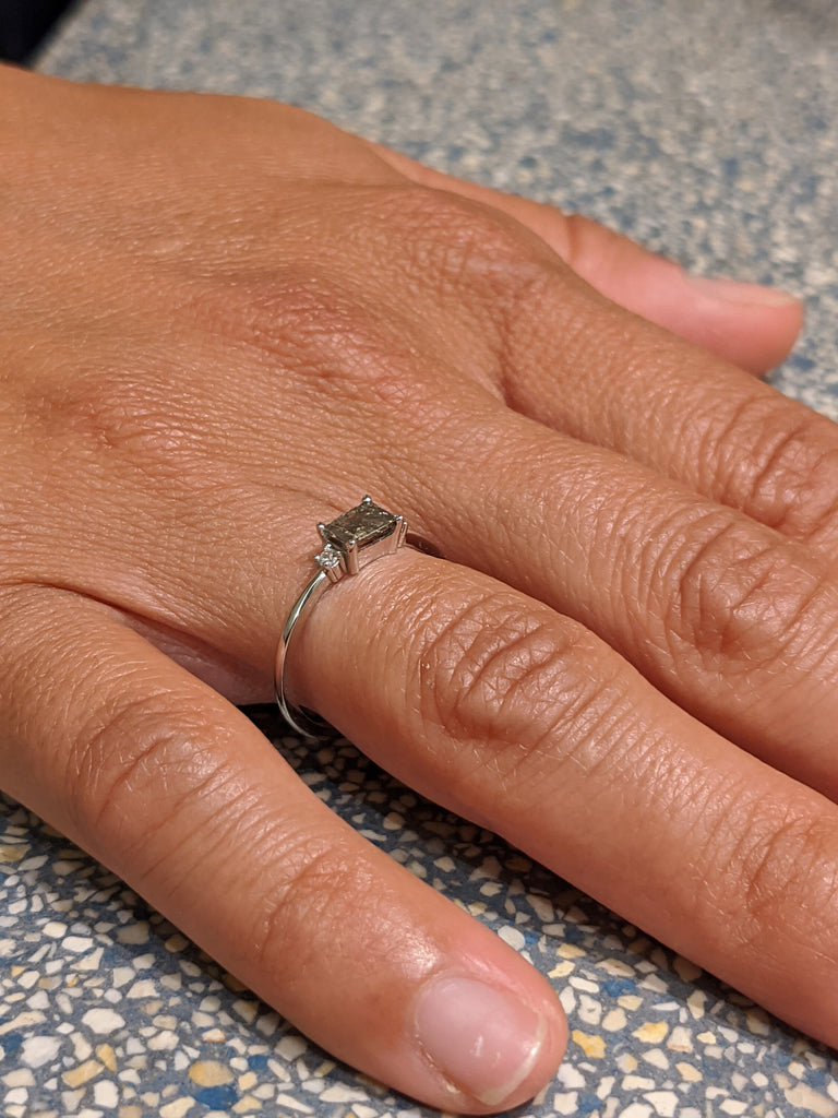 White Gold Emerald Baguette Raw Salt and Pepper Diamond Gold Engagement Ring Art Deco 1920's Thin Petite Band 14k Unique Ring for Her