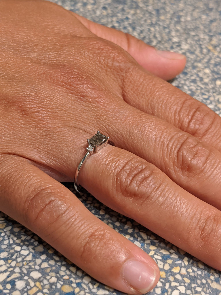 White Gold Emerald Baguette Raw Salt and Pepper Diamond Gold Engagement Ring Art Deco 1920's Thin Petite Band 14k Unique Ring for Her