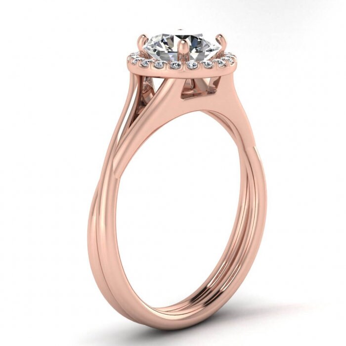 Rose Gold Double Band Moissanite Halo (1/10 Ct. Tw.), Double Band, Open Gallery, Paved Halo,high Profile Prongs, Bridged Shank Beverly