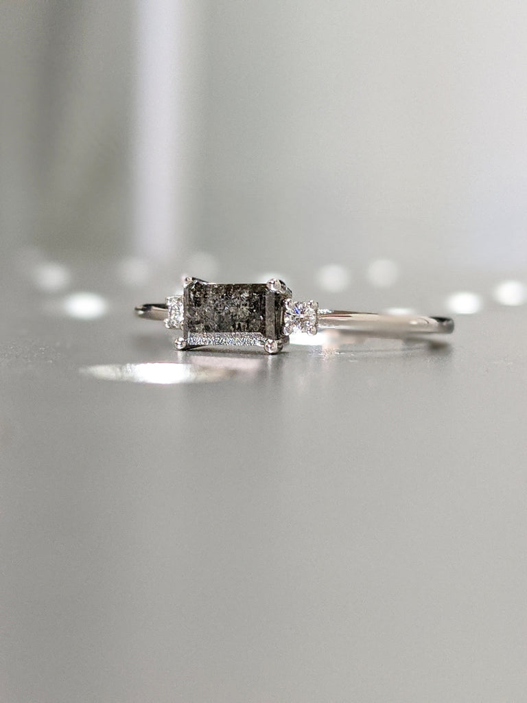 White Gold Emerald Baguette Raw Salt and Pepper Diamond Gold Engagement Ring Thin Petite Band 14k Unique Ring for Her