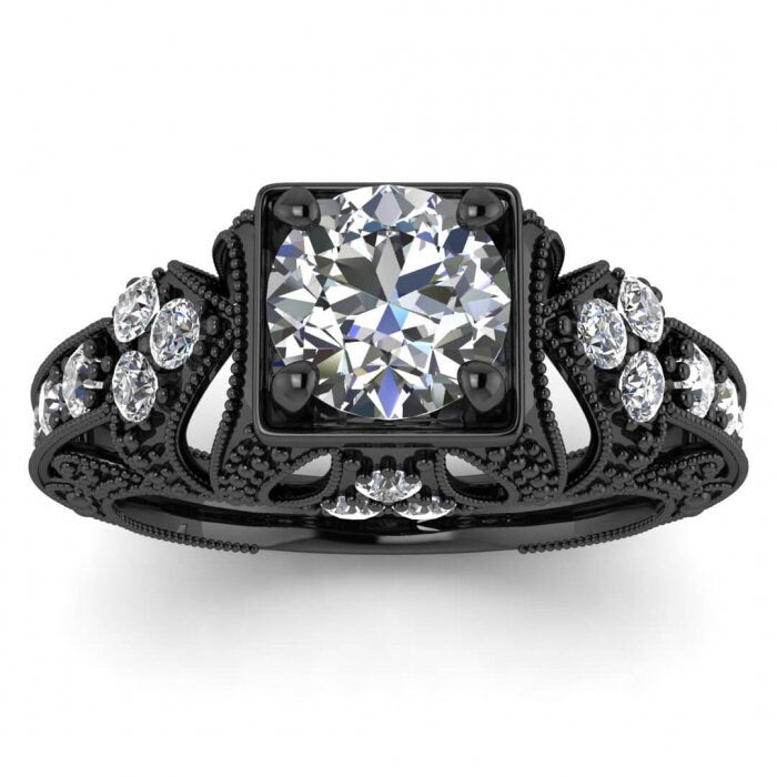 Rose Gold Engraved Moissanite Ring (1/2 Ct. Tw.), Filigree Milgrained Band, Hand Engraving, Delicate Pave, Gem Accents, Prong Setting Elsie