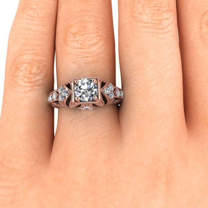 Rose Gold Engraved Moissanite Ring (1/2 Ct. Tw.), Filigree Milgrained Band, Hand Engraving, Delicate Pave, Gem Accents, Prong Setting Elsie