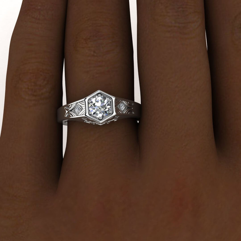 White Gold Hexagon Moissanite Ring , 6 Prong Low Setting, Hexagon Design, Hand Engraved, Hidden Gemstones, Beaded Milgrain Adalynn