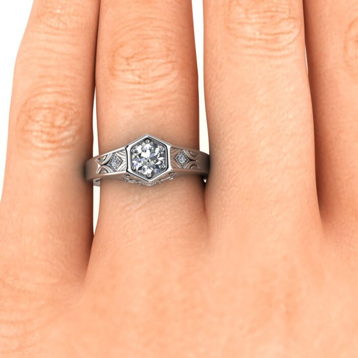 White Gold Hexagon Moissanite Ring , 6 Prong Low Setting, Hexagon Design, Hand Engraved, Hidden Gemstones, Beaded Milgrain Adalynn