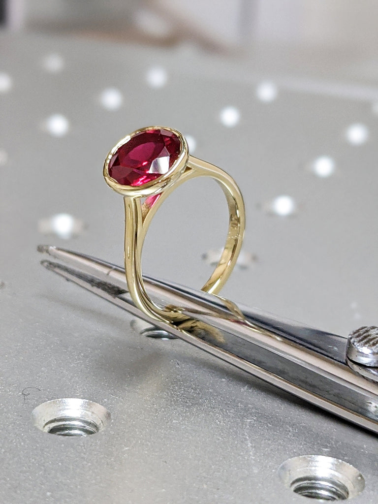 14k rose gold floating bezel ruby ring, ruby engagement ring, ruby solitaire ring, unique ruby ring, floating bezel, rounded band ,