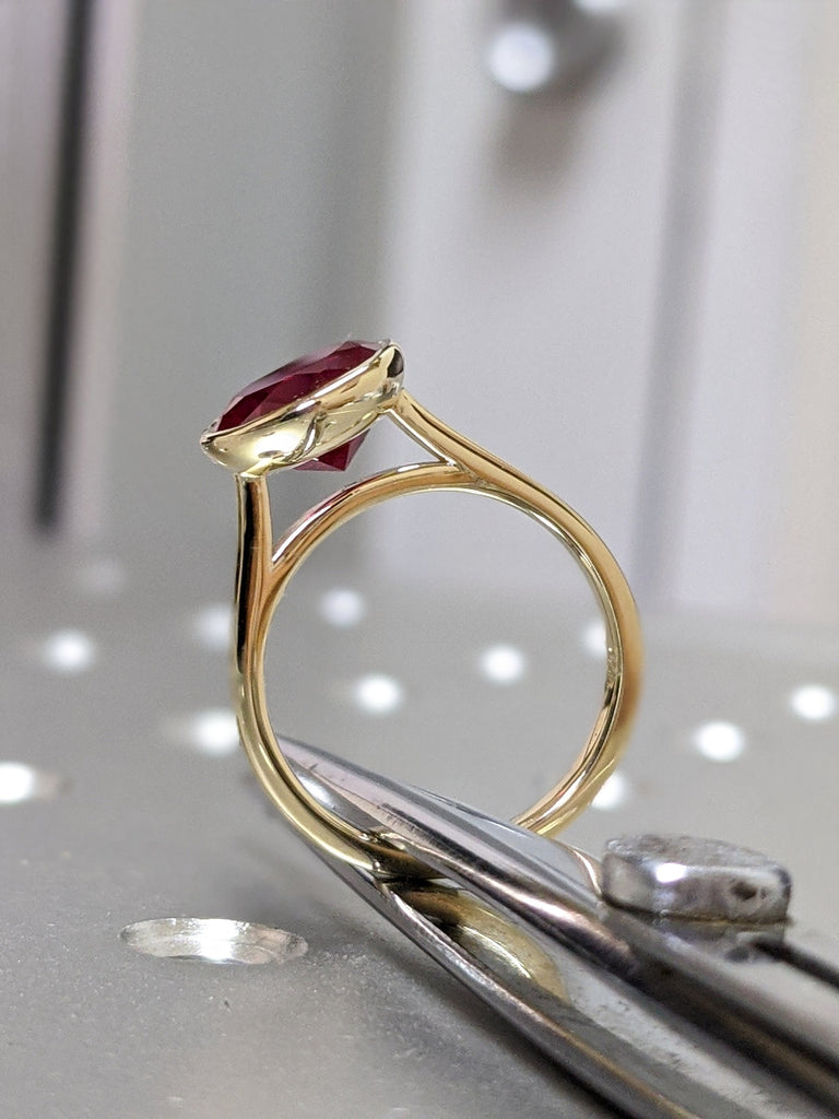 14k rose gold floating bezel ruby ring, ruby engagement ring, ruby solitaire ring, unique ruby ring, floating bezel, rounded band ,