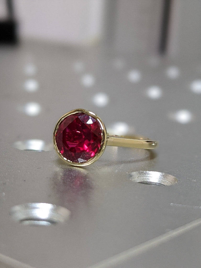 14k rose gold floating bezel ruby ring, ruby engagement ring, ruby solitaire ring, unique ruby ring, floating bezel, rounded band ,