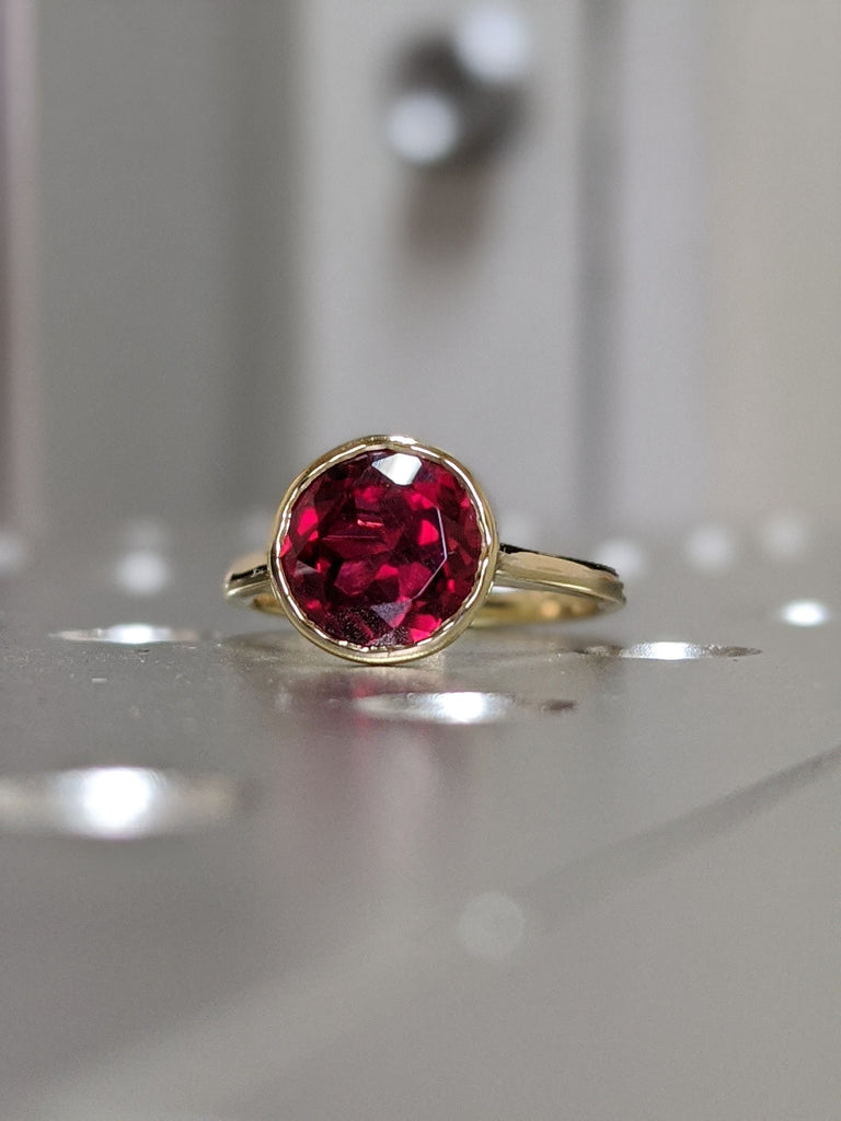 14k rose gold floating bezel ruby ring, ruby engagement ring, ruby solitaire ring, unique ruby ring, floating bezel, rounded band ,