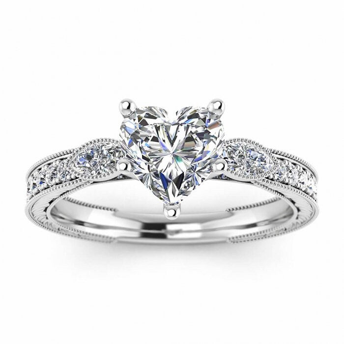 White Gold Vintage Marquise Accents Heart Shaped Moissanite Ring (1/3 Ct. Tw.)Marquise Accent Gemstones, Wheat Hand Engraving Allegria