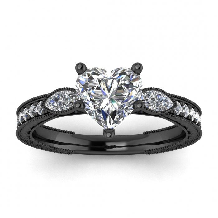 White Gold Vintage Marquise Accents Heart Shaped Moissanite Ring (1/3 Ct. Tw.)Marquise Accent Gemstones, Wheat Hand Engraving Allegria