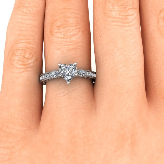 White Gold Vintage Marquise Accents Heart Shaped Moissanite Ring (1/3 Ct. Tw.)Marquise Accent Gemstones, Wheat Hand Engraving Allegria