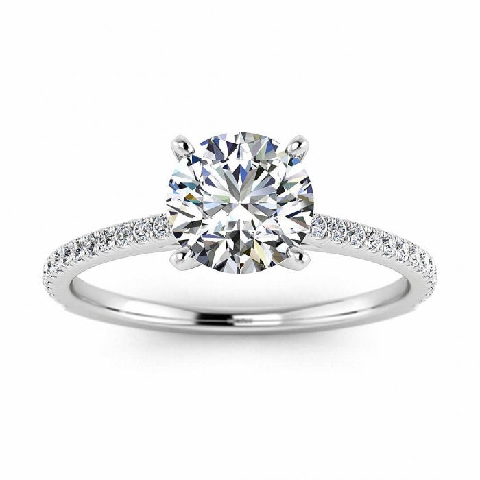 White Gold Micro Pave Moissanite Engagement Ring (1/6 Ct. Tw.) Micro Pave Accents, Prongs Setting Center Gemstone Anahi