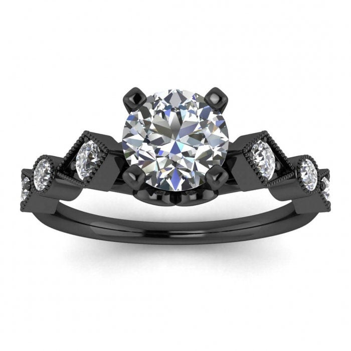 White Gold Geometric Moissanite Engagement Ring (1/4 Ct. Tw.), Cathedral Center Setting, Rectangular Side Accents, Tapered Band, Annabelle