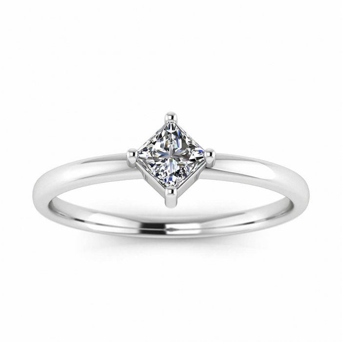 White Gold Thin Princess Cut Moissanite Ring Offset Prongs, Delicate Band, Unique Setting, Moissanite, Princess Cut Aria