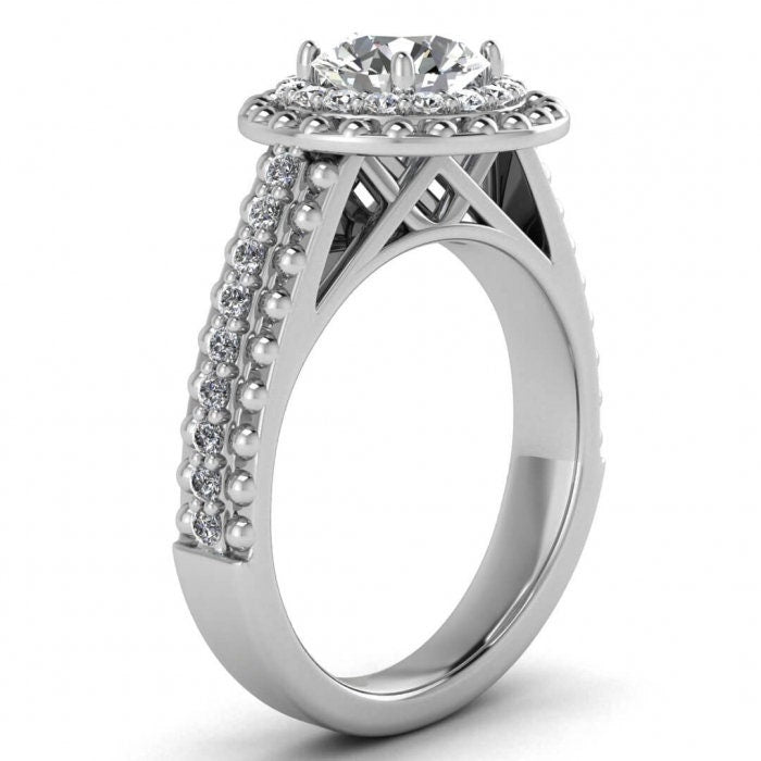 White Gold Milgrained Halo Moissanite Ring (1/3 Ct. Tw.) Antique Style, Beaded,Double Halo Setting,Triple Row Pave, Shoulders Rising,Autumn