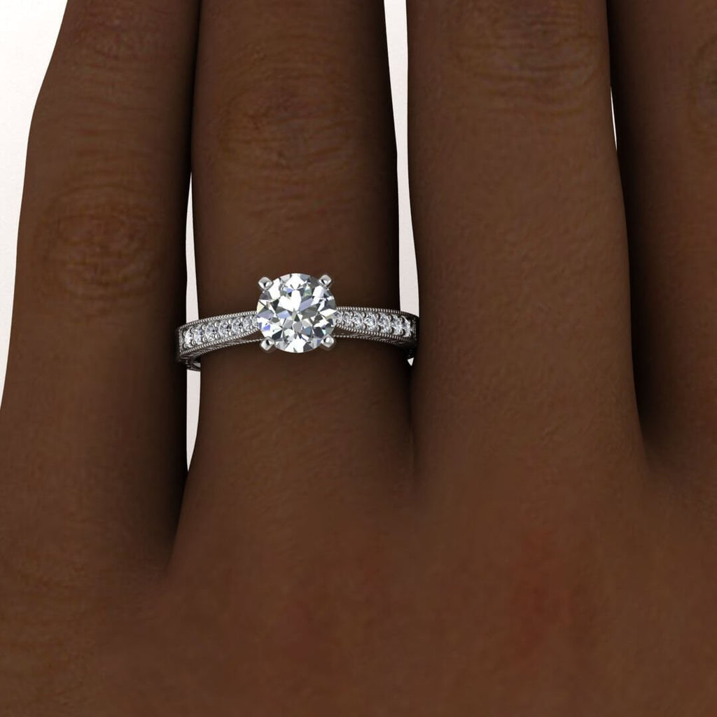 White Gold Hand Engraved Moissanite Ring (1/8 Ct. Tw.) High Profile Prongs, Shared Prongs Pave, Milgrain, Hand Engraving Aya