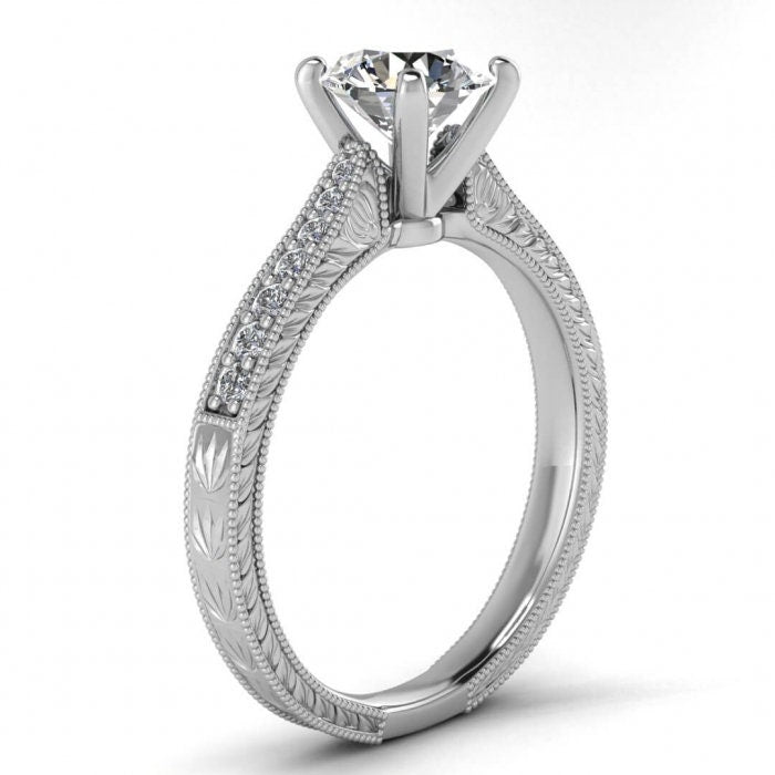 White Gold Hand Engraved Moissanite Ring (1/8 Ct. Tw.) High Profile Prongs, Shared Prongs Pave, Milgrain, Hand Engraving Aya