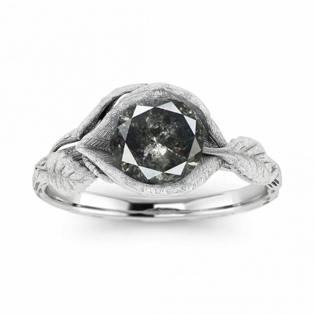 Raw Salt And Pepper Diamond Ring White Gold Brushed Lotus Flower Ring, Salt And Pepper Engagement Ring,Lotus Ring,Leaf Ring,Vintage, Bijou