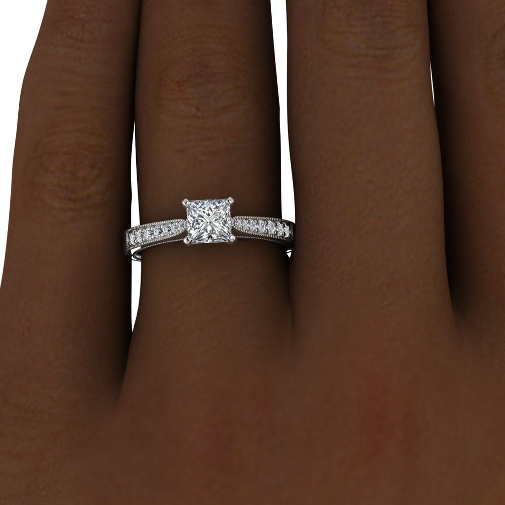 White Gold Milgrained Pave Princess Cut Moissanite Ring (1/8 Ct. Tw.),high Profile Prongs, Shared Prongs Pave, Milgrain, Aya