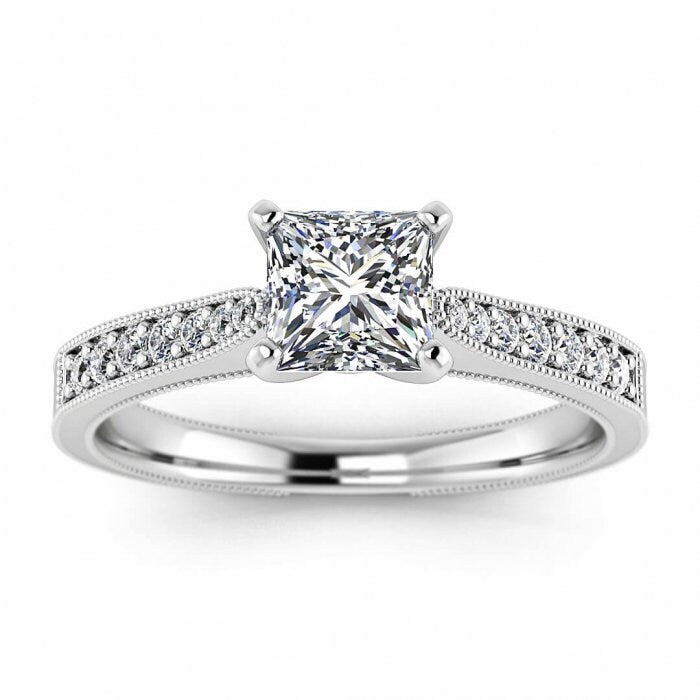 White Gold Milgrained Pave Princess Cut Moissanite Ring (1/8 Ct. Tw.),high Profile Prongs, Shared Prongs Pave, Milgrain, Aya