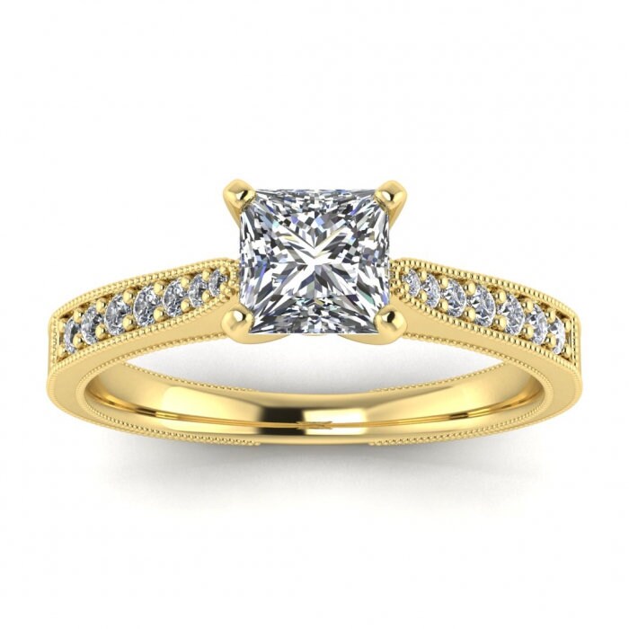 White Gold Milgrained Pave Princess Cut Moissanite Ring (1/8 Ct. Tw.),high Profile Prongs, Shared Prongs Pave, Milgrain, Aya