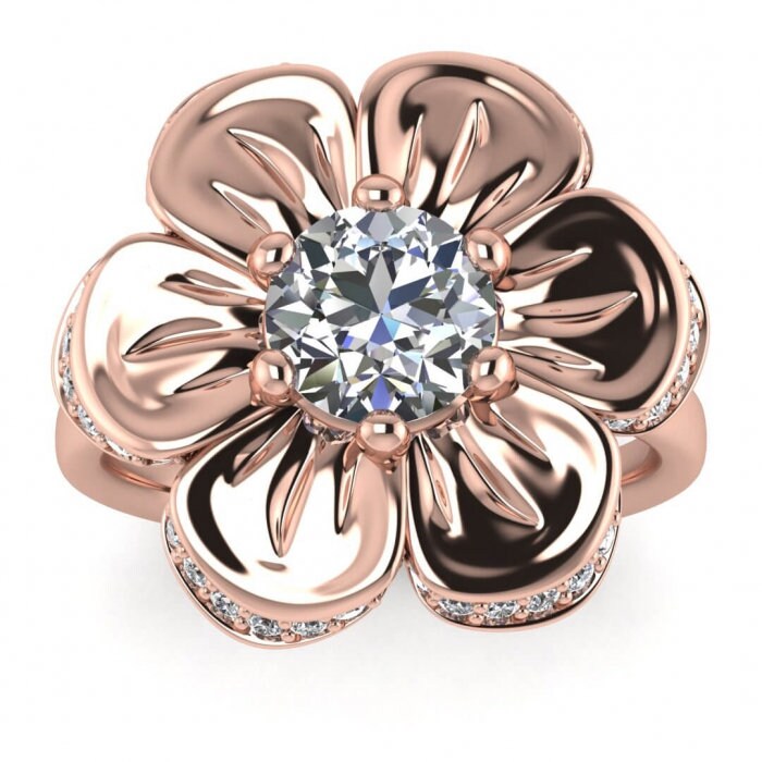 White Gold Moissanite Flower Ring (1/5 Ct. Tw.) Flower Ring, Pave Encrusted Flower,6 Prong Setting, Unique Design Cantata