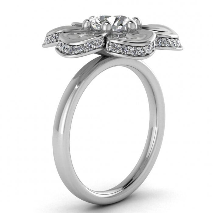 White Gold Moissanite Flower Ring (1/5 Ct. Tw.) Flower Ring, Pave Encrusted Flower,6 Prong Setting, Unique Design Cantata