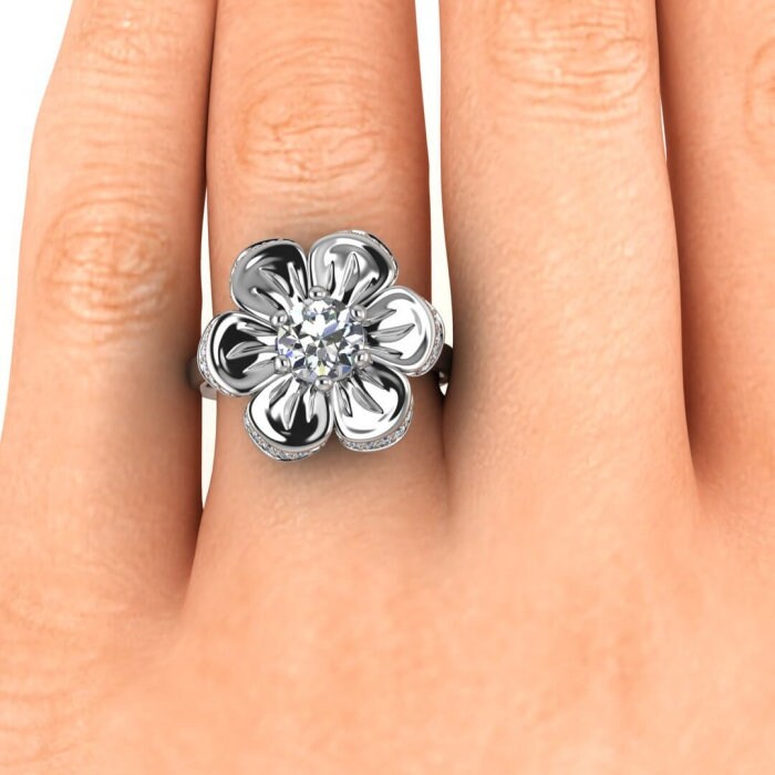 White Gold Moissanite Flower Ring (1/5 Ct. Tw.) Flower Ring, Pave Encrusted Flower,6 Prong Setting, Unique Design Cantata
