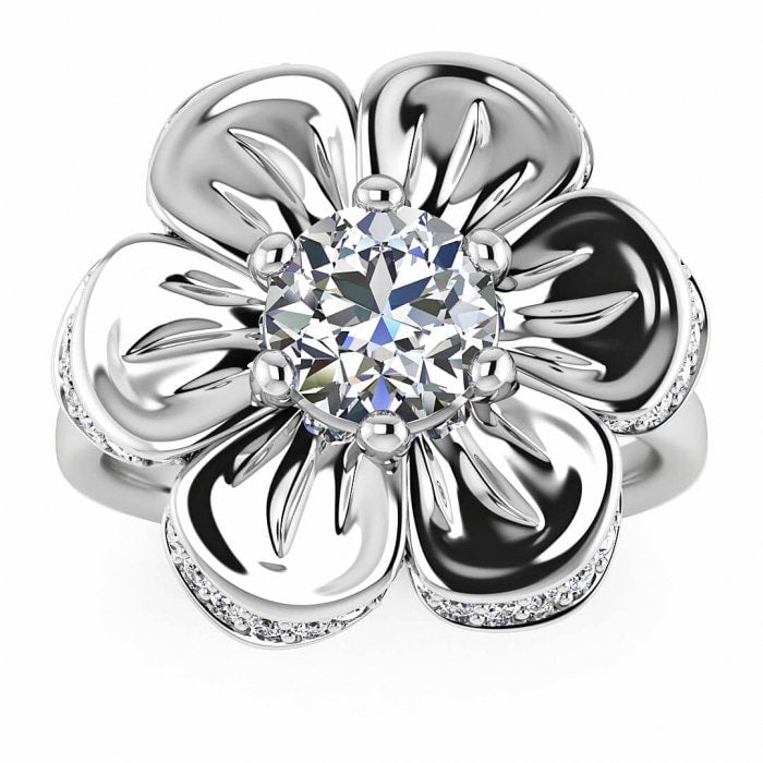 White Gold Moissanite Flower Ring (1/5 Ct. Tw.) Flower Ring, Pave Encrusted Flower,6 Prong Setting, Unique Design Cantata