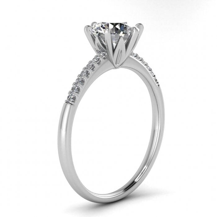 White Gold Rose Setting Moissanite Engagement Ring (1/10 Ct. Tw.) Petite Scalloped Pave, Rose Setting Center Gemstone Carolina