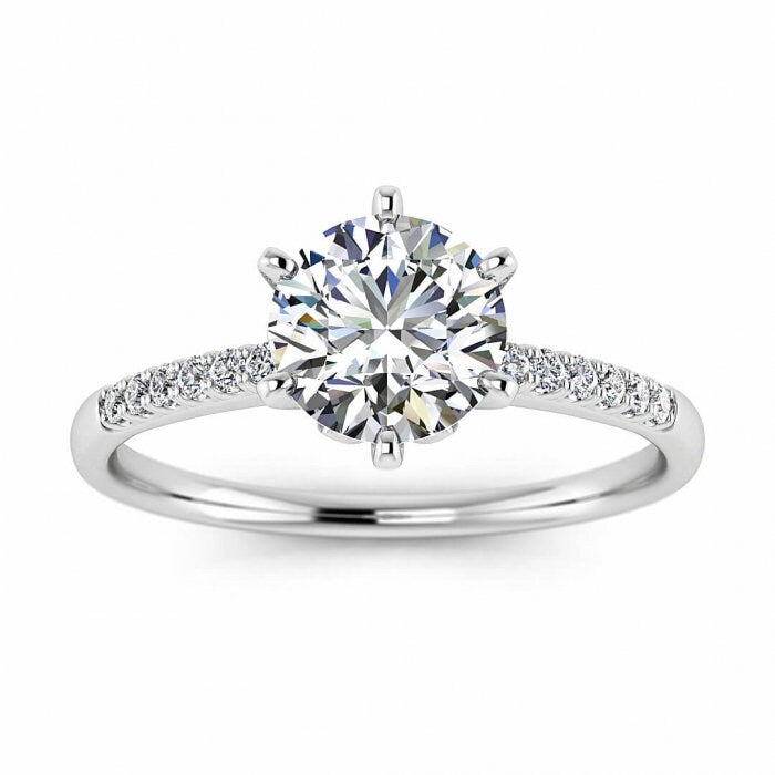 White Gold Rose Setting Moissanite Engagement Ring (1/10 Ct. Tw.) Petite Scalloped Pave, Rose Setting Center Gemstone Carolina