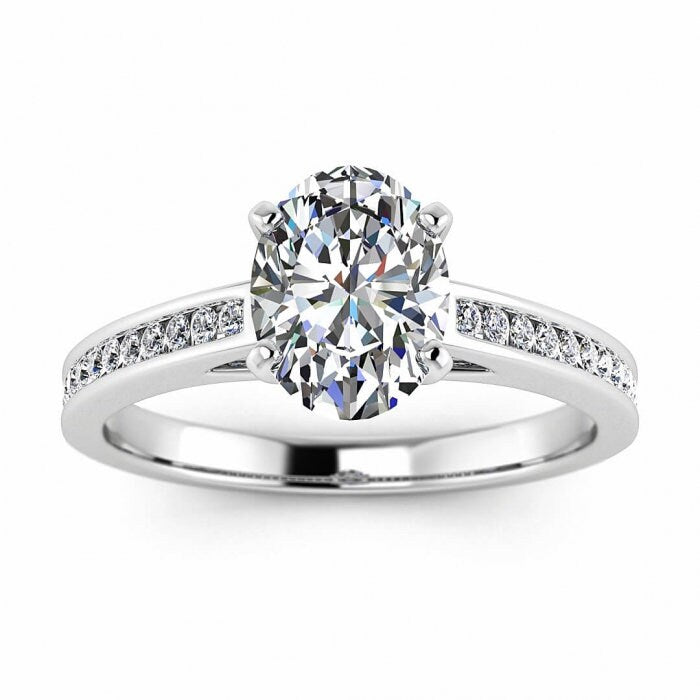 White Gold Delicate Channel Oval Moissanite Engagement Ring (1/9 Ct. Tw.) Round Cut Channel, Bridged Shank, Cathedral Design Setting Cassie