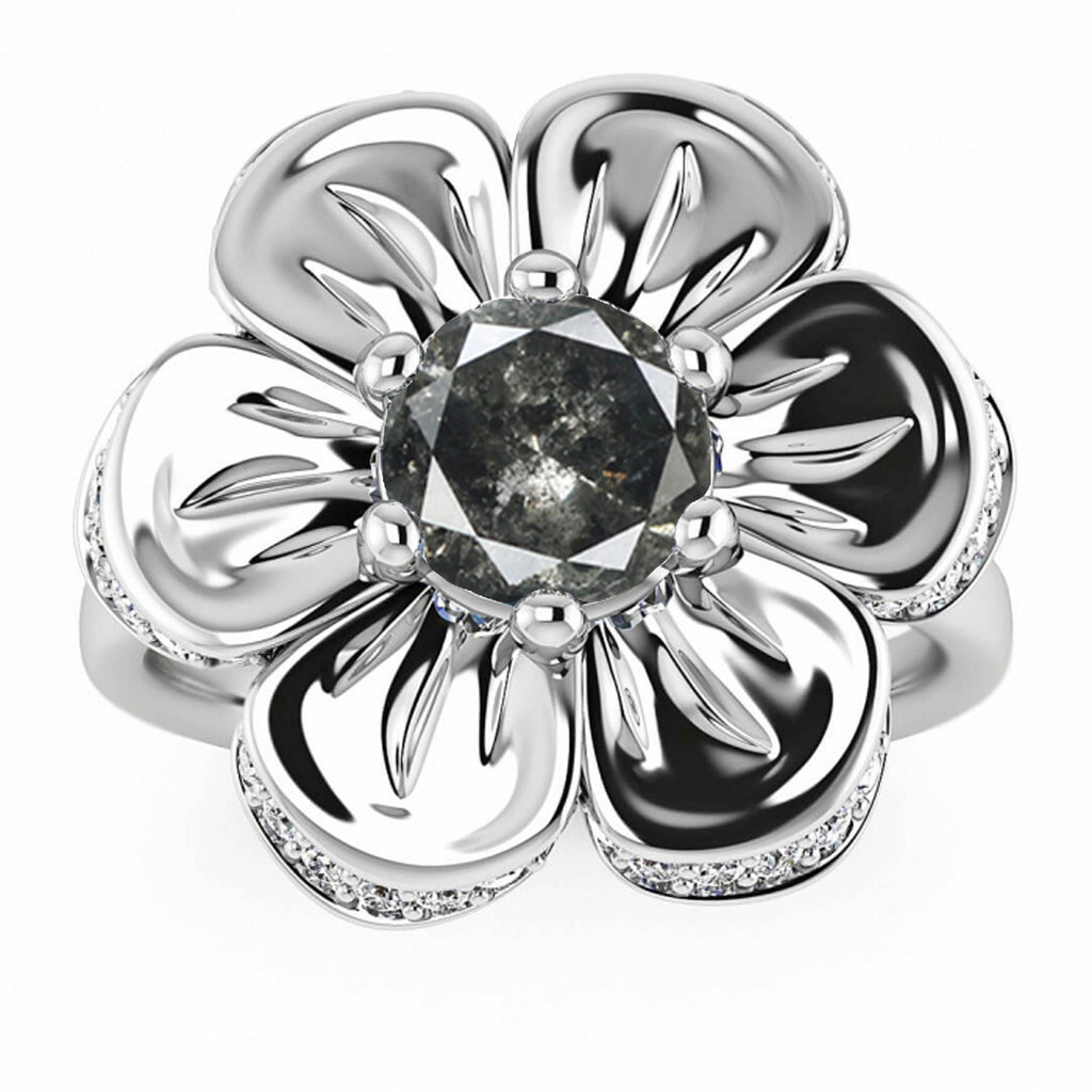 Raw Salt And Pepper Diamond Ring White Gold Salt And Pepper Diamond Flower Ring (1/5 Ct. Tw.)Pave Encrusted Flower,6 Prong Setting, Cantata