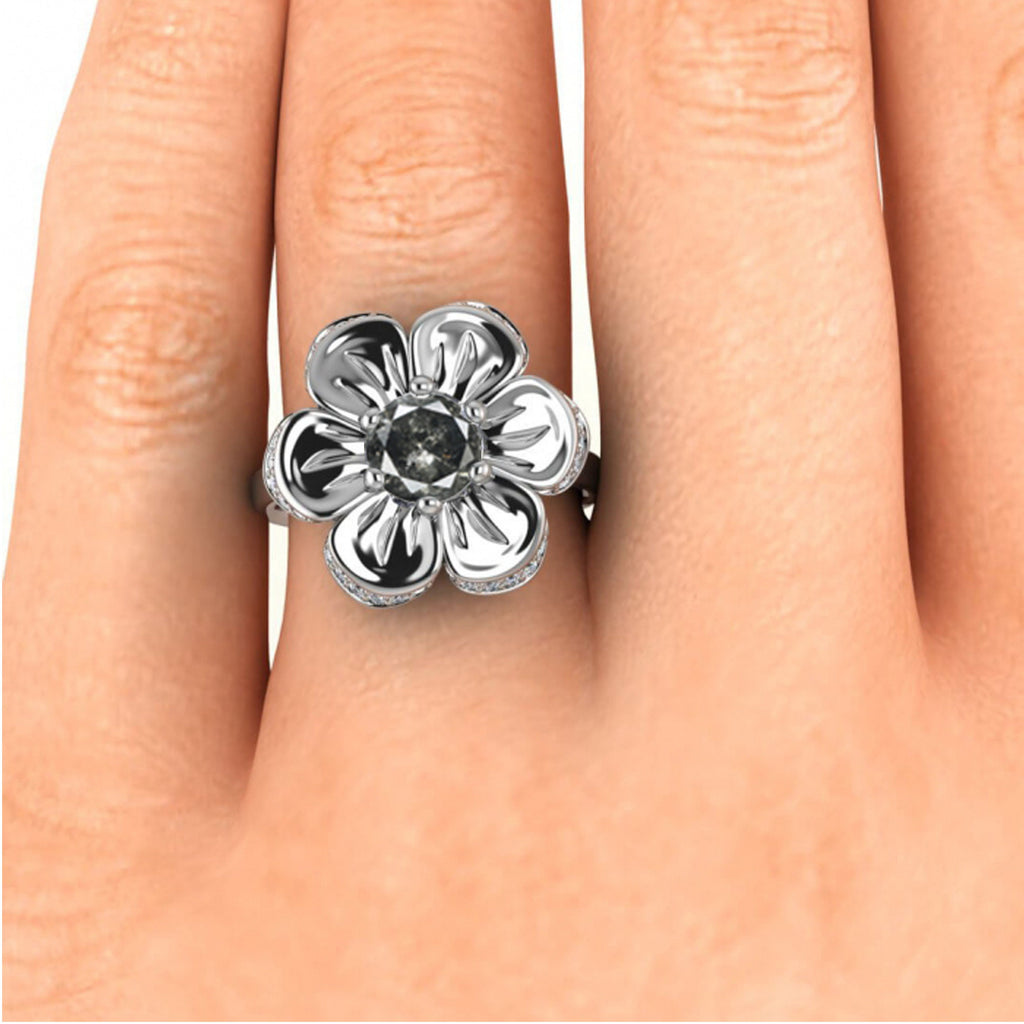 Raw Salt And Pepper Diamond Ring White Gold Salt And Pepper Diamond Flower Ring (1/5 Ct. Tw.)Pave Encrusted Flower,6 Prong Setting, Cantata