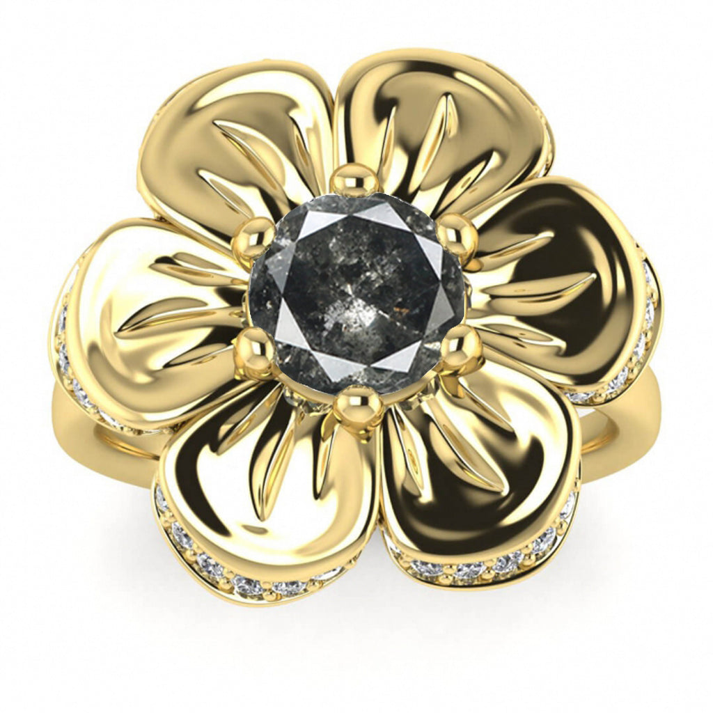 Raw Salt And Pepper Diamond Ring White Gold Salt And Pepper Diamond Flower Ring (1/5 Ct. Tw.)Pave Encrusted Flower,6 Prong Setting, Cantata