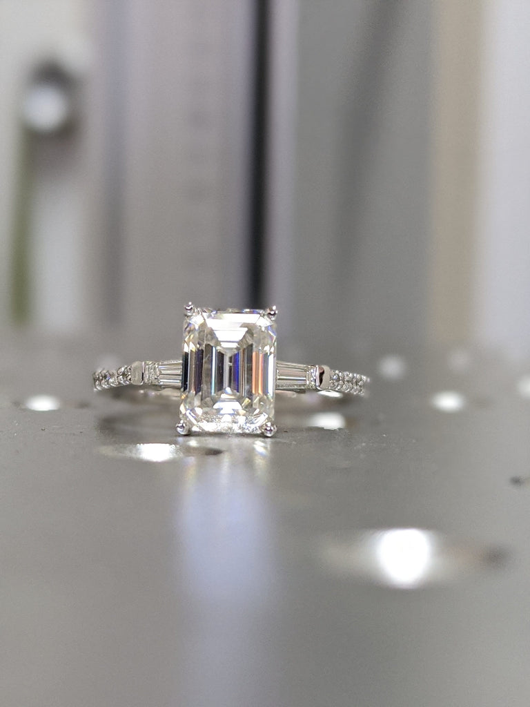 Emerald Cut Engagement Ring, Emerald Cut Ring, Baguette Engagement Ring, Half Eternity 2.5 Ct Solid 14k Gold Two Tone Moissanite Engagement