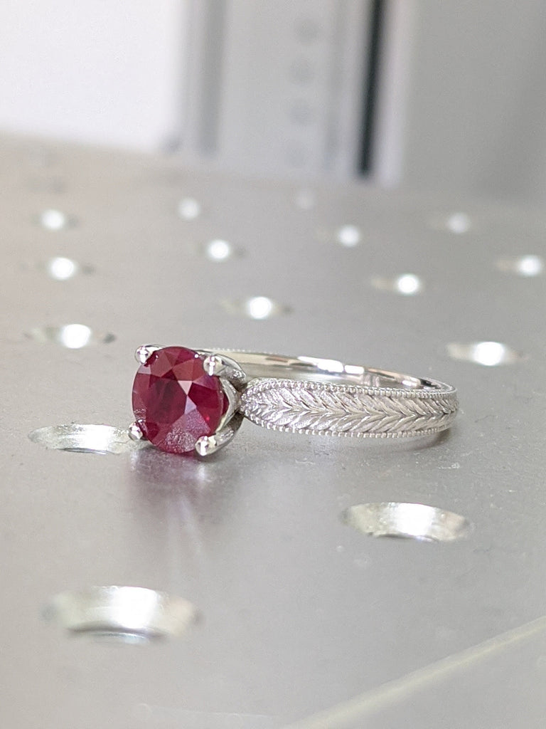 2ct Ruby Engagement Ring, 14k White Gold Maribel Hand Engraved Ruby Vintage Ring, Vintage Ruby Ring, Engraved Unique Ruby Engagement Ring